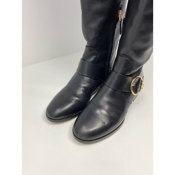 Tory Burch Sofia Riding Boot 6.5, Tall Black Leather Gold Buckle - Picture 3 of 6